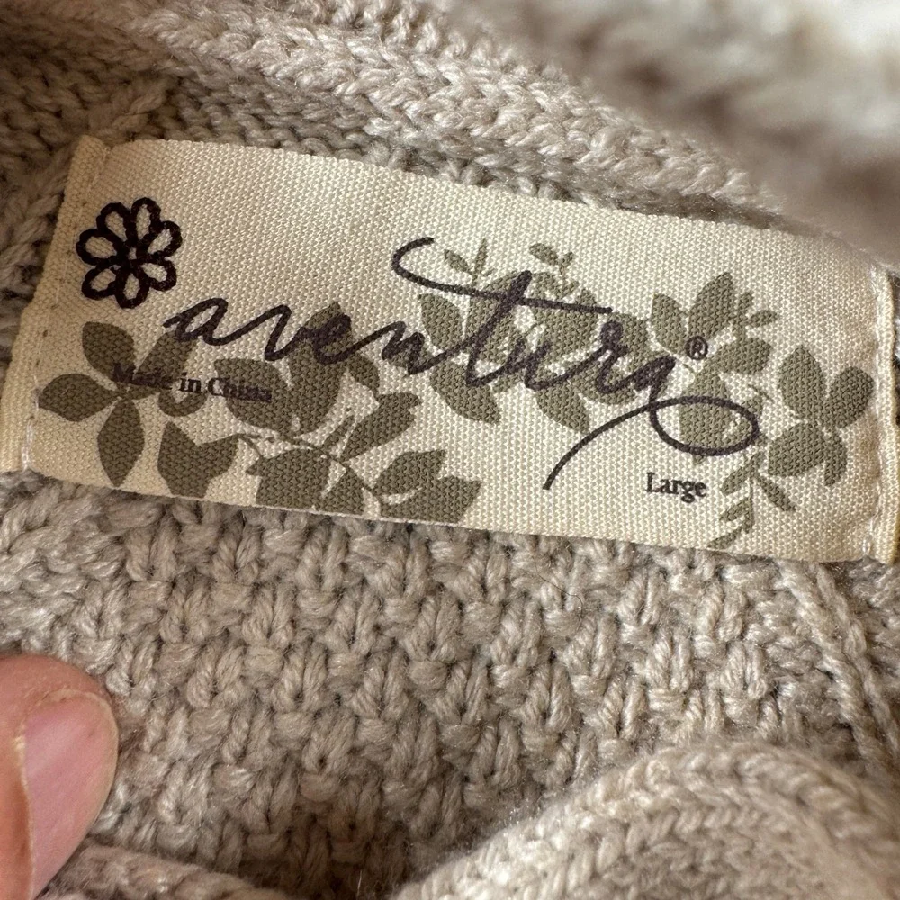 Aventura Sweater Women L Beige Cable Knit Merino Wool Blend Mock Neck Pullover